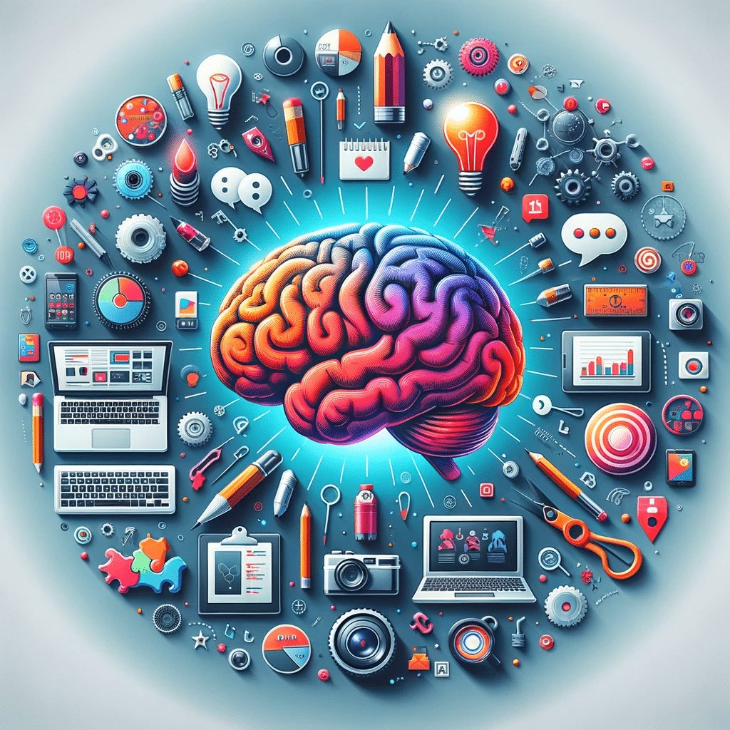 Ilustración de marketing digital con cerebro creativo, teclado, pincel, cámara y iconos de redes, destacando la importancia del contenido creativo | Posiciona.Digital
