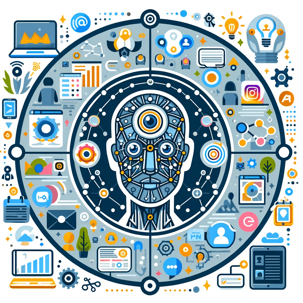 Ilustración de IA en marketing digital, mostrando iconos sociales y gráficos de análisis, ideal para empresas emergentes | Posiciona.Digital