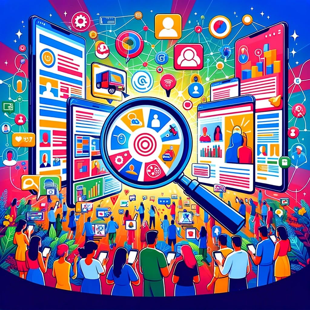 Mercado digital con publicidad enfocada y personas interactuando en varios dispositivos | Posiciona.Digital