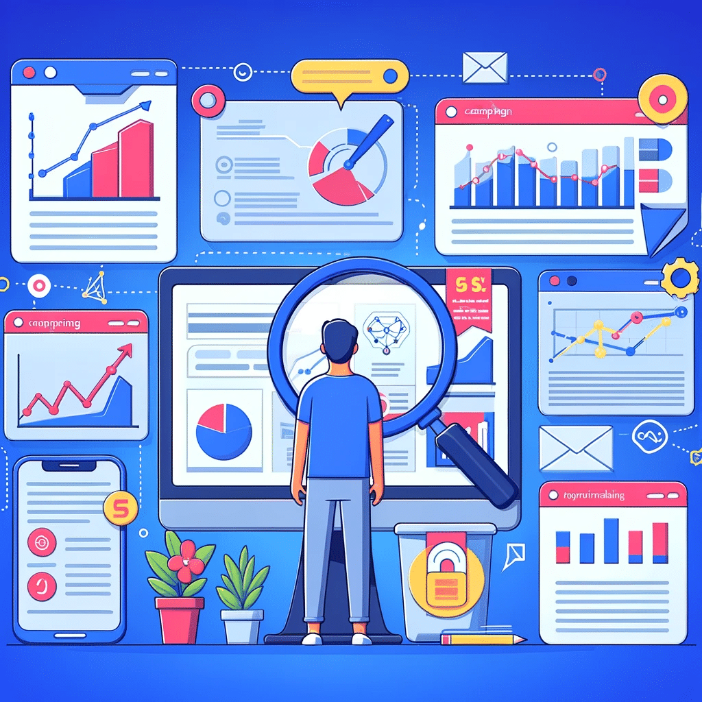 Ilustración sobre monitoreo y análisis constante en campañas, con marketer y pantallas de datos. | Posiciona.Digital