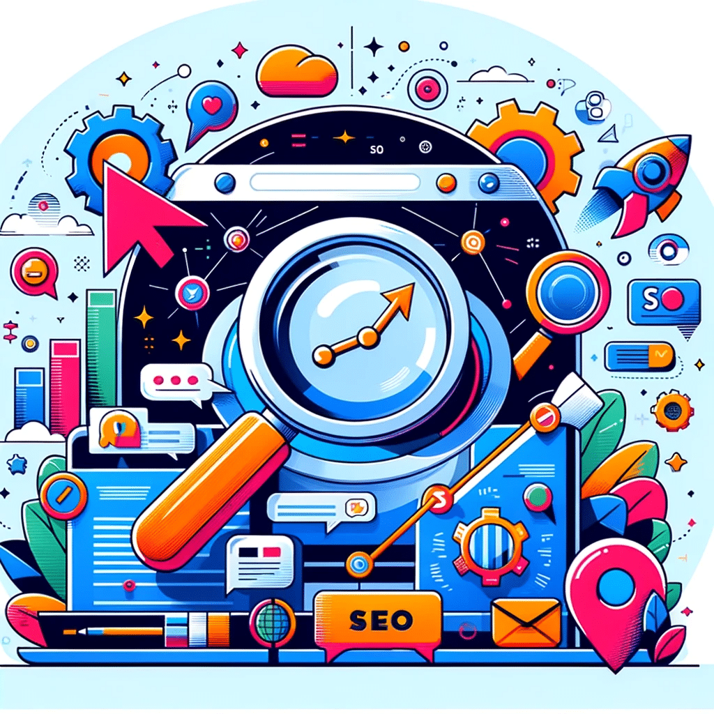 Ilustración colorida destacando la importancia del SEO con lupa en página web, gráficos de tendencias y símbolos de motores de búsqueda. | Posiciona.Digital