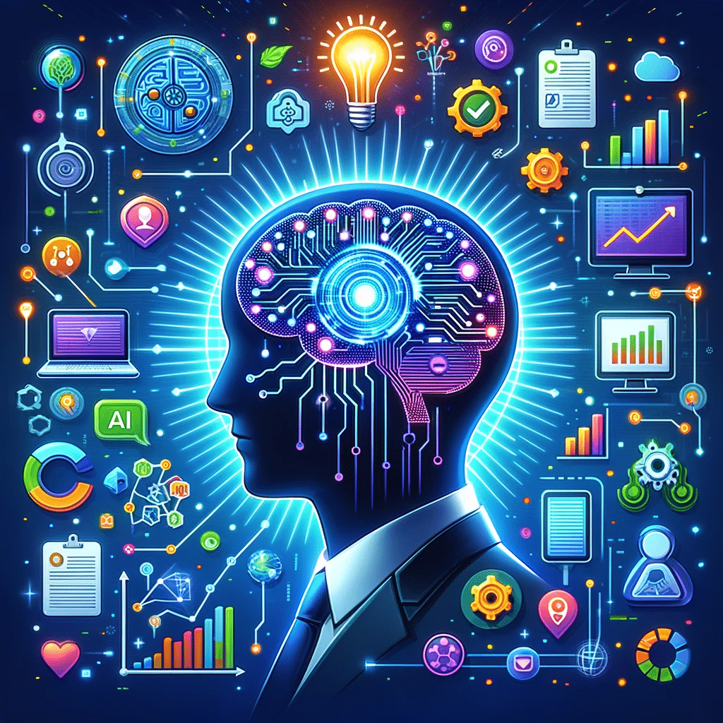 Ilustración de IA en marketing para startups con gráficos de crecimiento y herramientas digitales | Posiciona.Digital