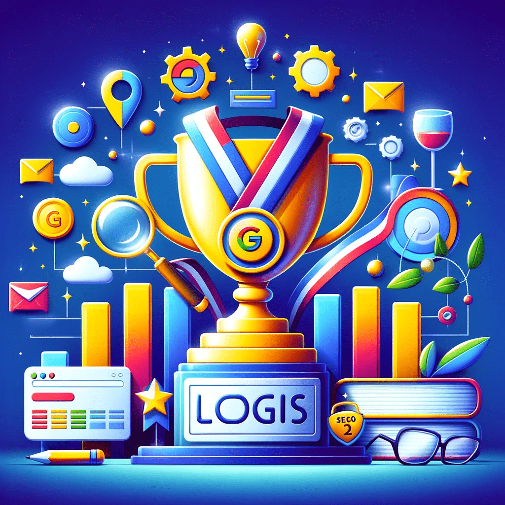 Imagen de un trofeo rodeado de elementos SEO, simbolizando el éxito en el posicionamiento en Google. | Posiciona.Digital