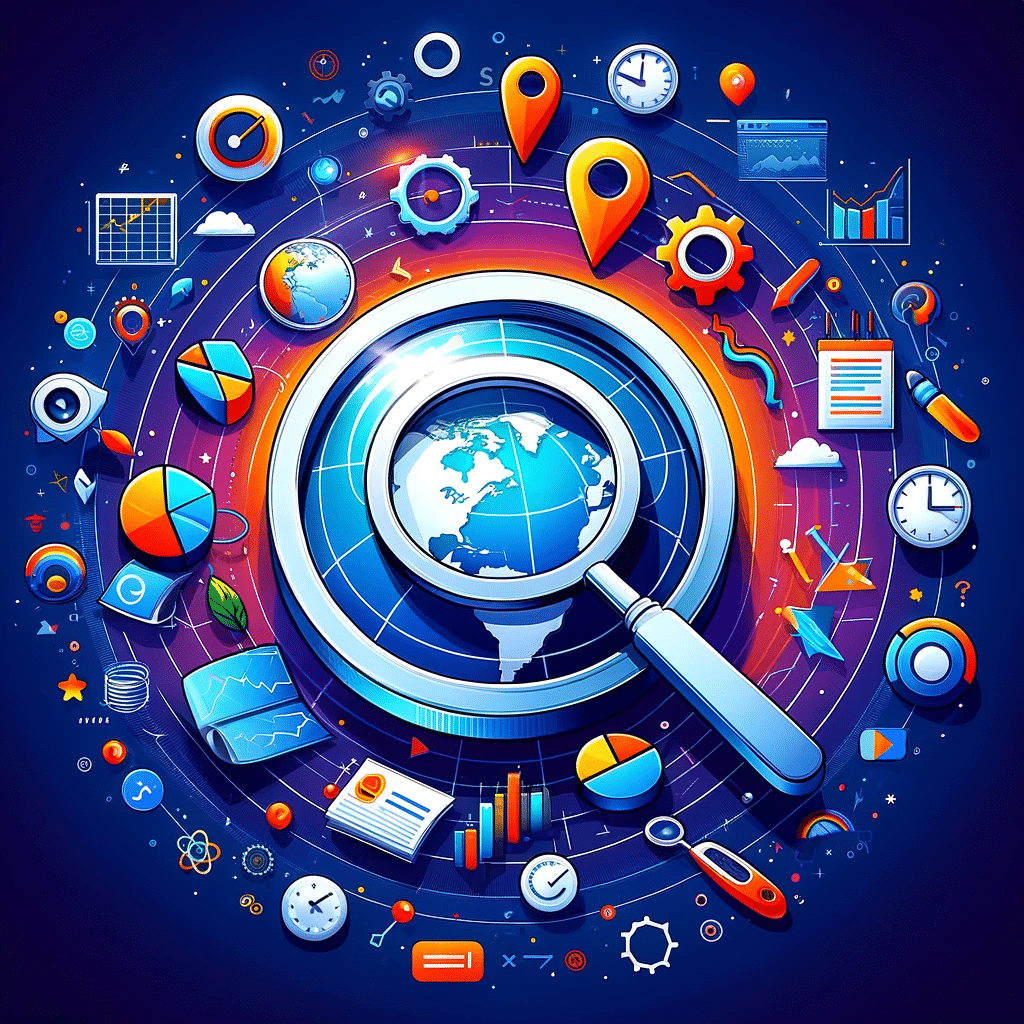 Ilustración de herramientas SEO con lupa en mapa digital, íconos de Ahrefs, SEMrush, Google Analytics y gráficos de análisis de backlinks. | Posiciona.Digital