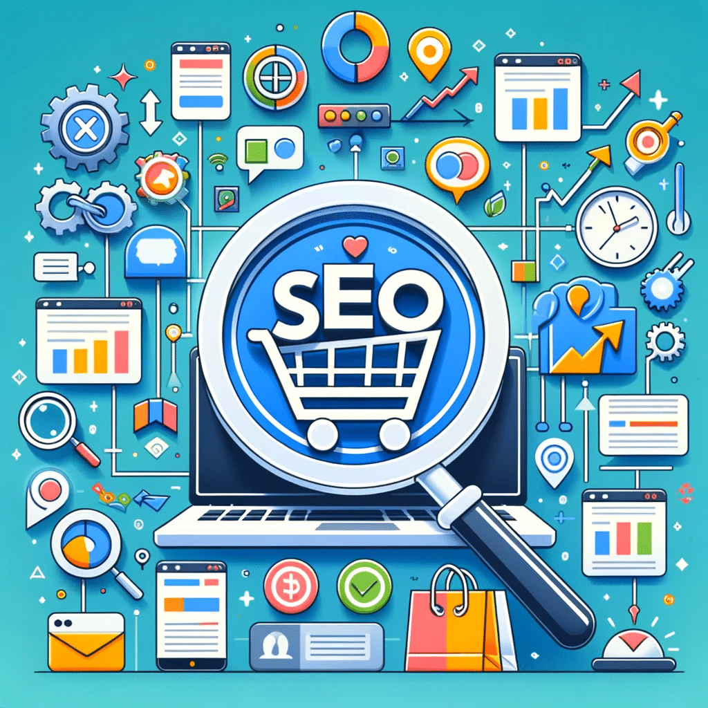 Ilustración destacando el SEO en ecommerce con gráficos de tráfico, palabras clave y compras online. | Posiciona.Digital