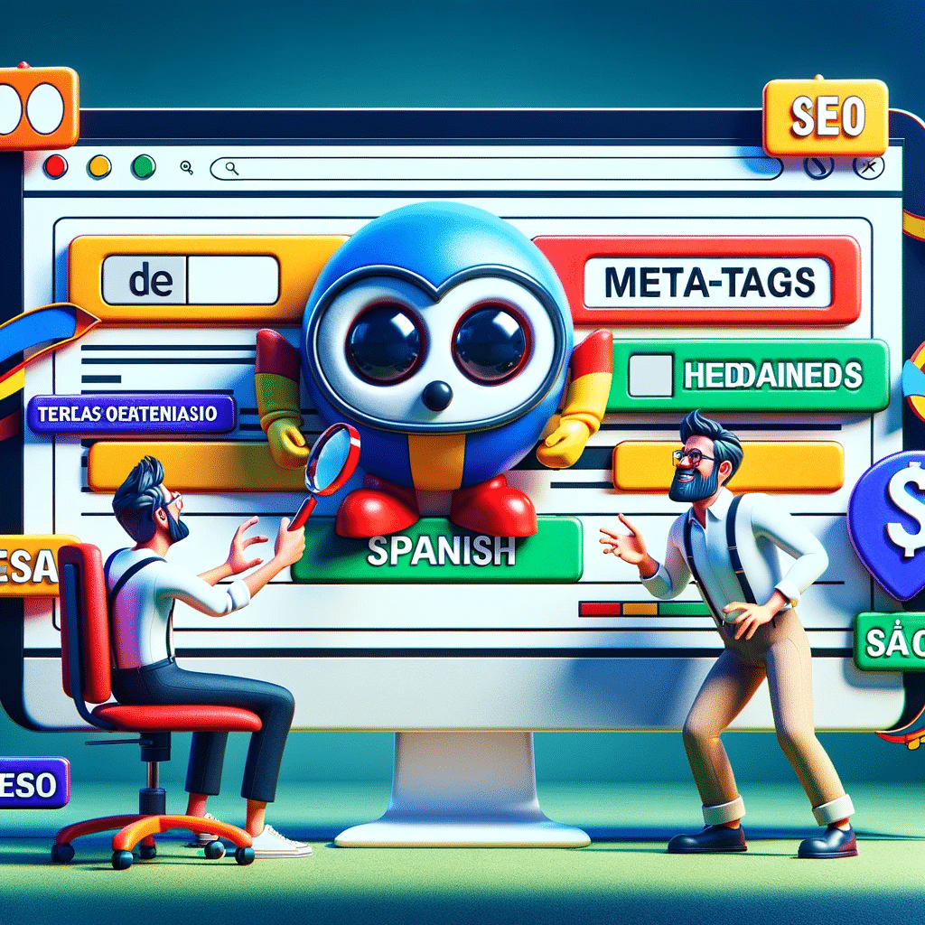Caricatura optimizando SEO en página para contenido español | Posiciona.Digital