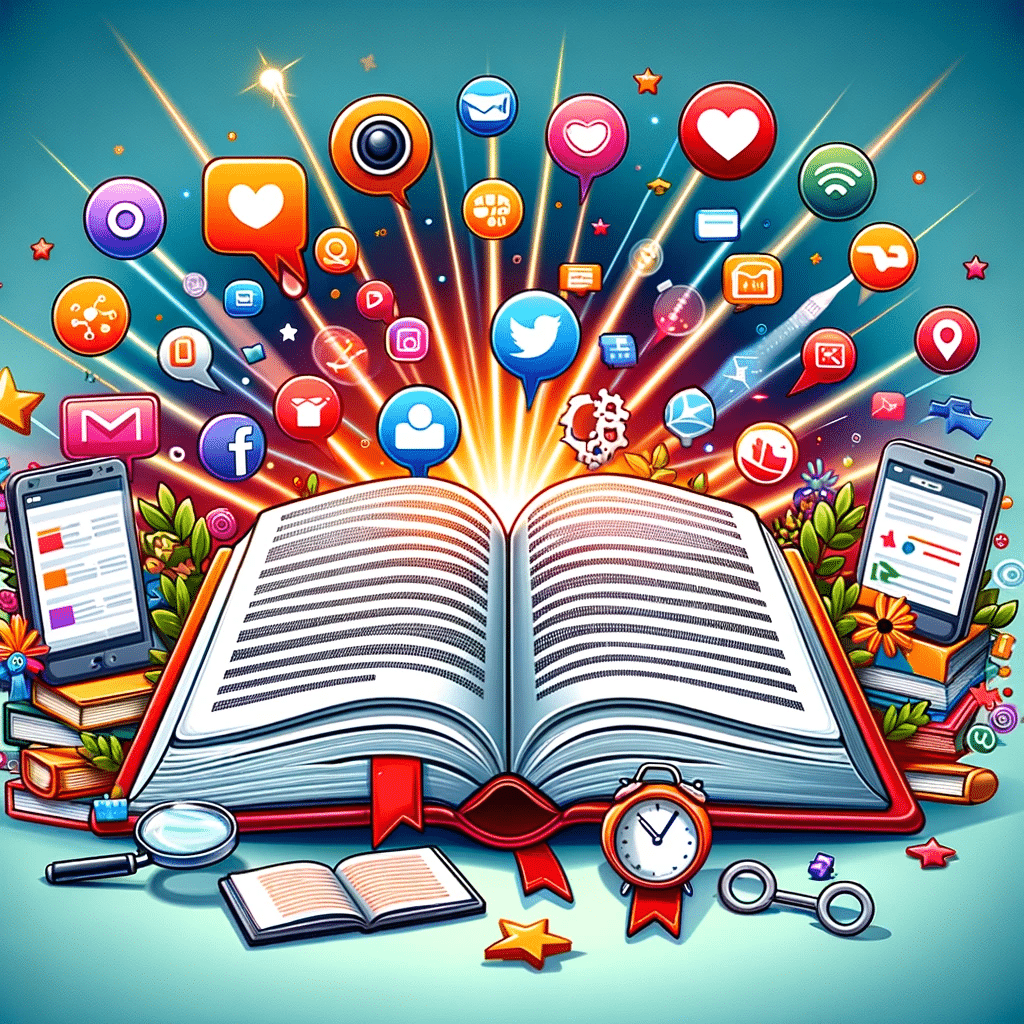 Libro abierto con símbolos de SEO y redes sociales, simbolizando aprendizaje integral. | Posiciona.Digital