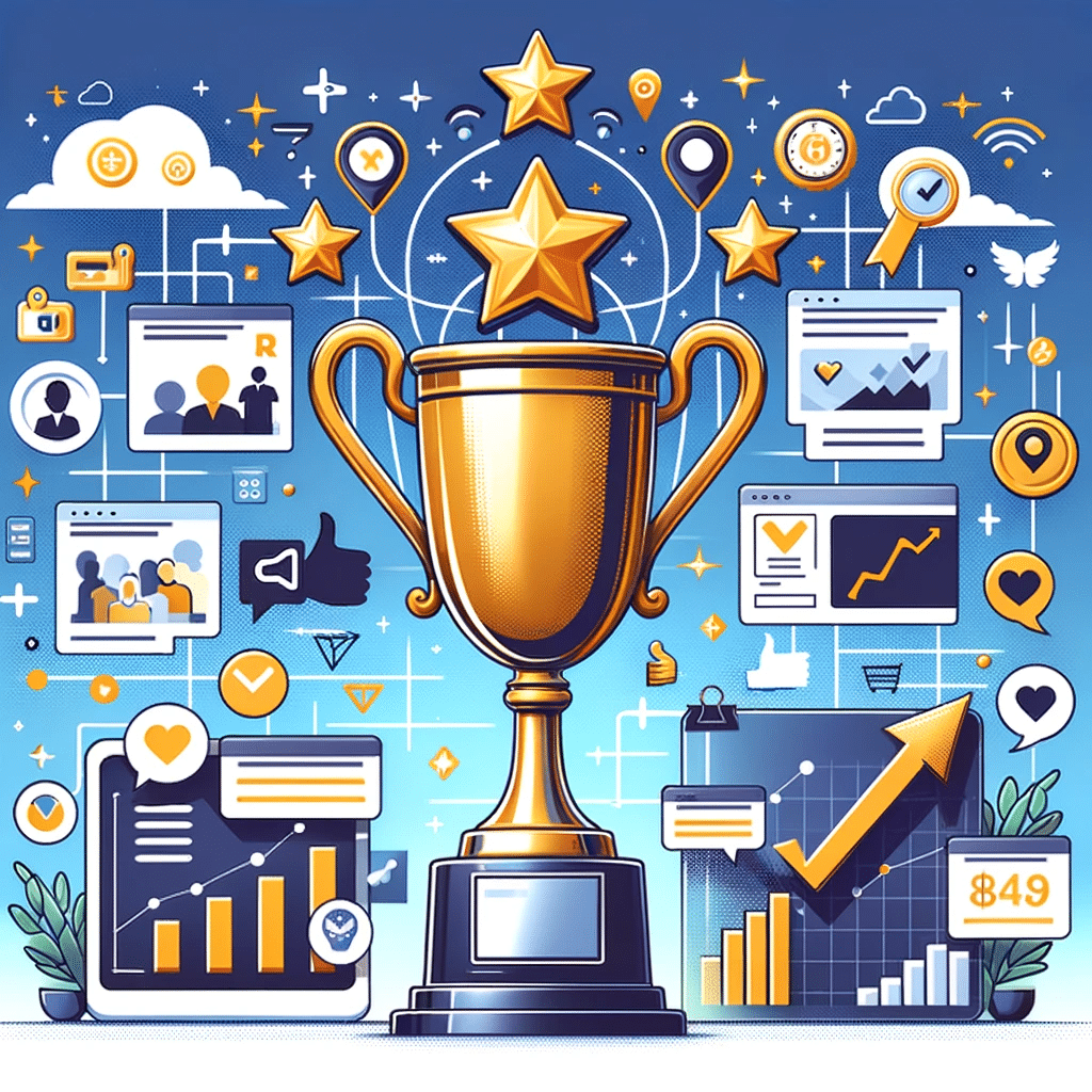 Copa de trofeo con gráficos y testimonios, simbolizando éxitos de pymes en marketing digital. Considerando la ia y redes sociales estrategias de marketing inteligente para pymes.  | Posiciona.Digital