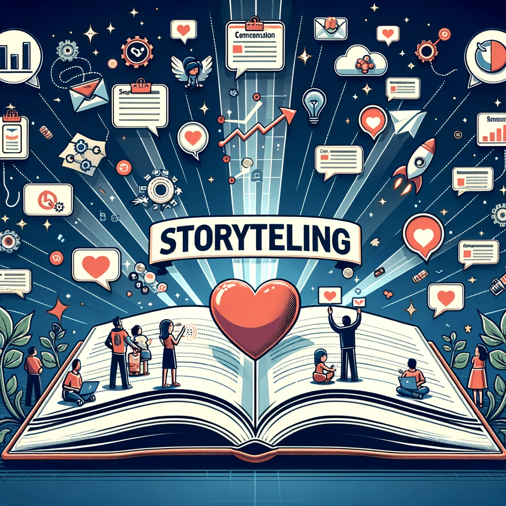 Libro de storytelling con íconos de éxito en marketing. | Posiciona.Digital