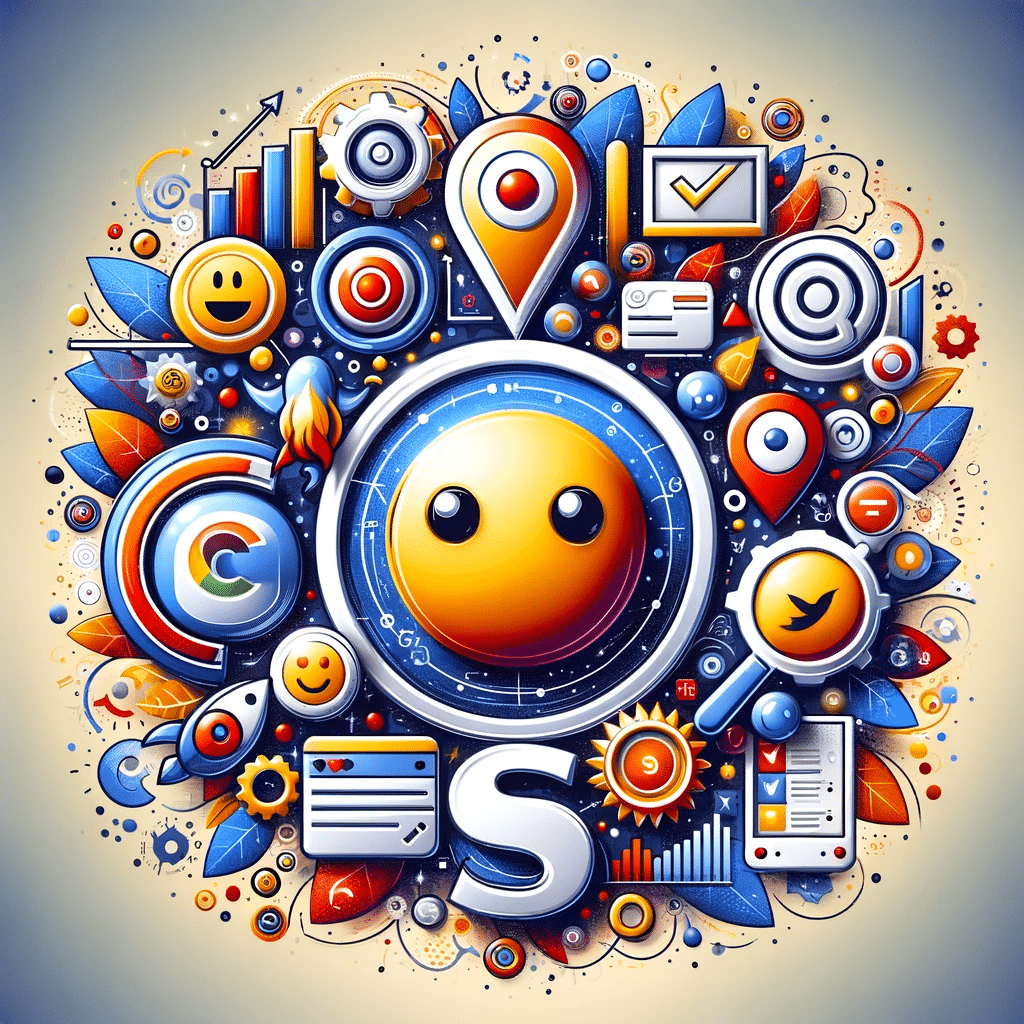 Gráfico moderno sobre el futuro de emojis en SEO con íconos de búsqueda y tendencias, ideal para marketing digital. | Posiciona.Digital