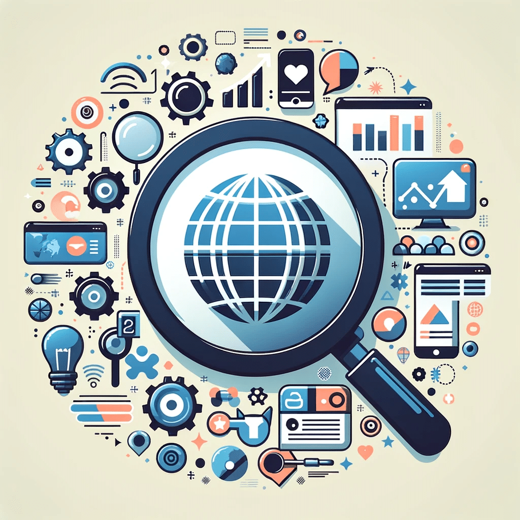 Lupa sobre globo digital con elementos SEO y redes sociales, simbolizando técnicas de optimización. | Posiciona.Digital