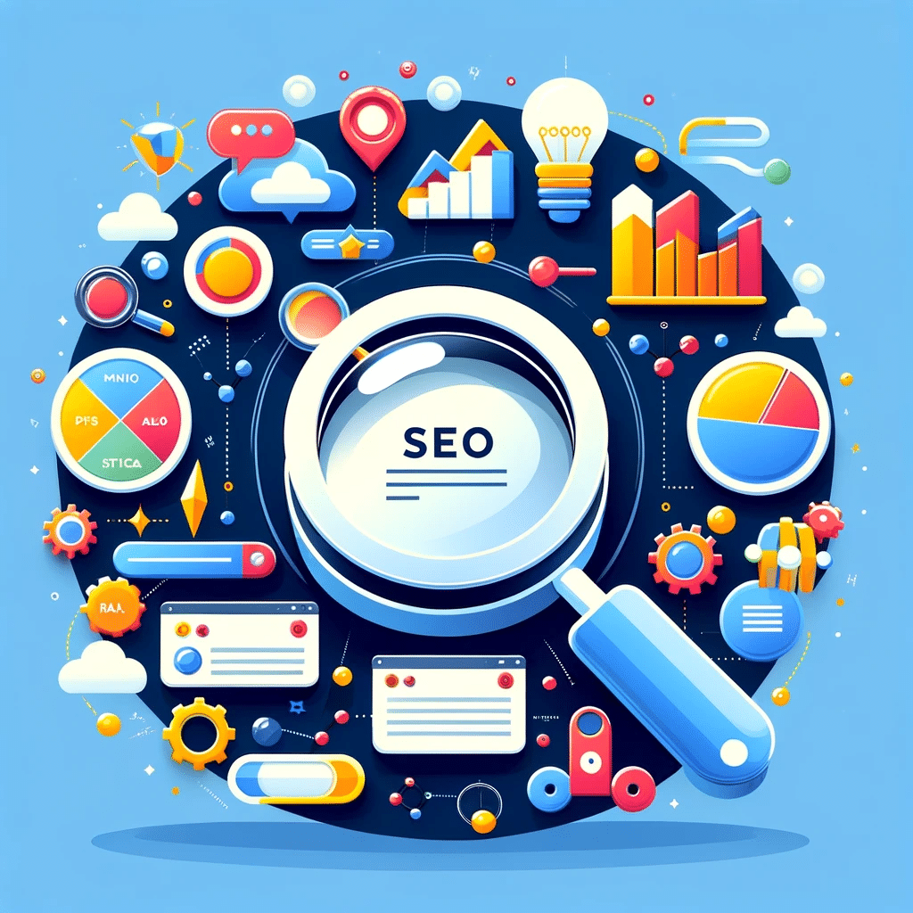 Ilustración de lupa sobre componentes SEO, enfocada en marketing digital | Posiciona.Digital