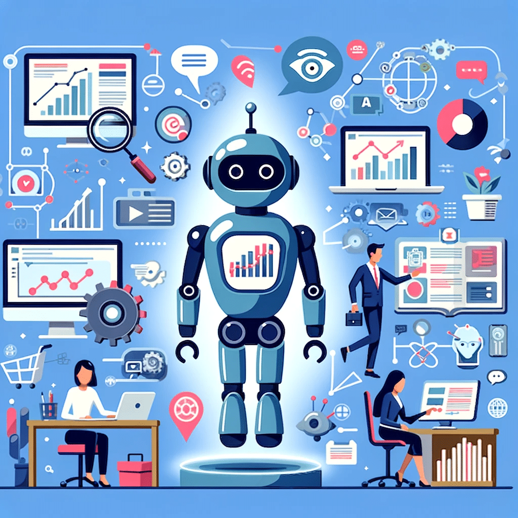 Ilustración de un chip de IA con pymes beneficiándose, mostrando robots, computadoras y gráficos de crecimiento, destacando la eficiencia de la IA. | Posiciona.Digital