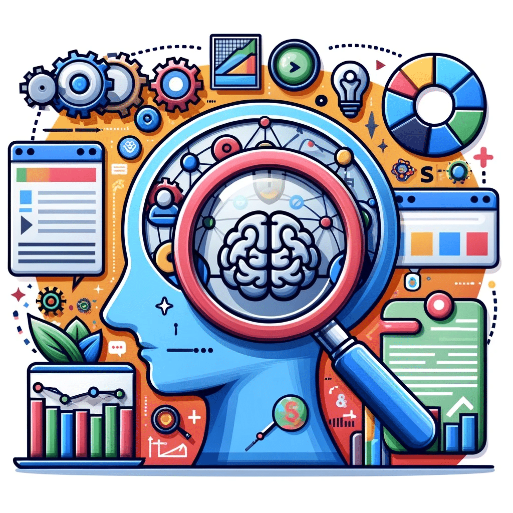 Gráfico sobre intención de búsqueda en SEO y psicología del usuario, con lupa, cerebro y elementos de marketing. | Posiciona.Digital