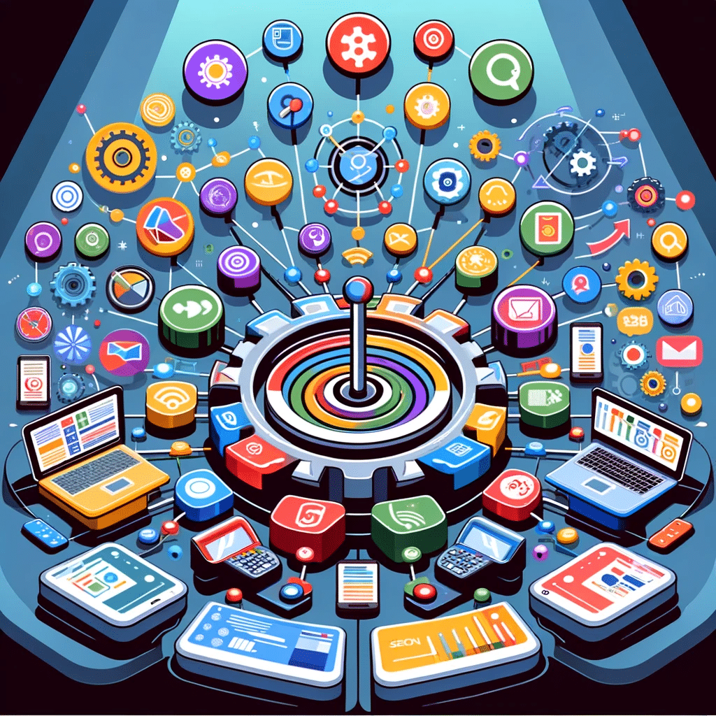 Ilustración de un panel de control para estrategias de marketing multicanal online. | Posiciona.Digital