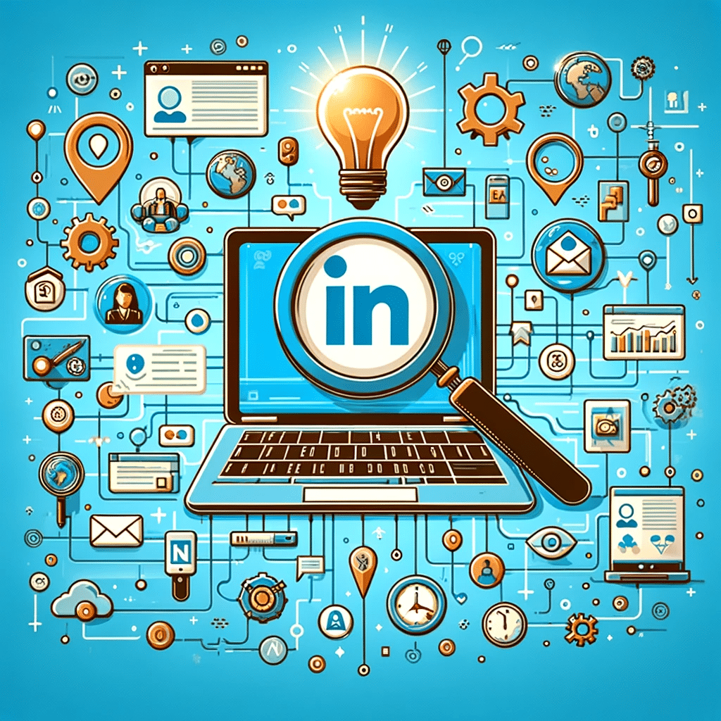 Lupa sobre logo de LinkedIn, rodeada de iconos de oportunidades de negocio y herramientas de búsqueda. | Posiciona.Digital