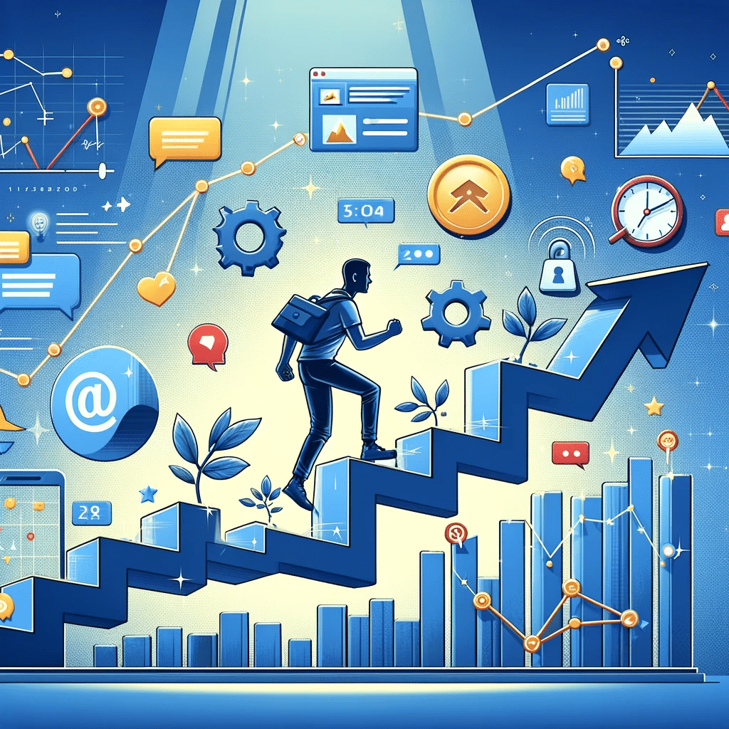 Figura escalando montaña de desafíos en marketing digital para pymes, con obstáculos y tiempo. Campañas de marketing | Posiciona.Digital