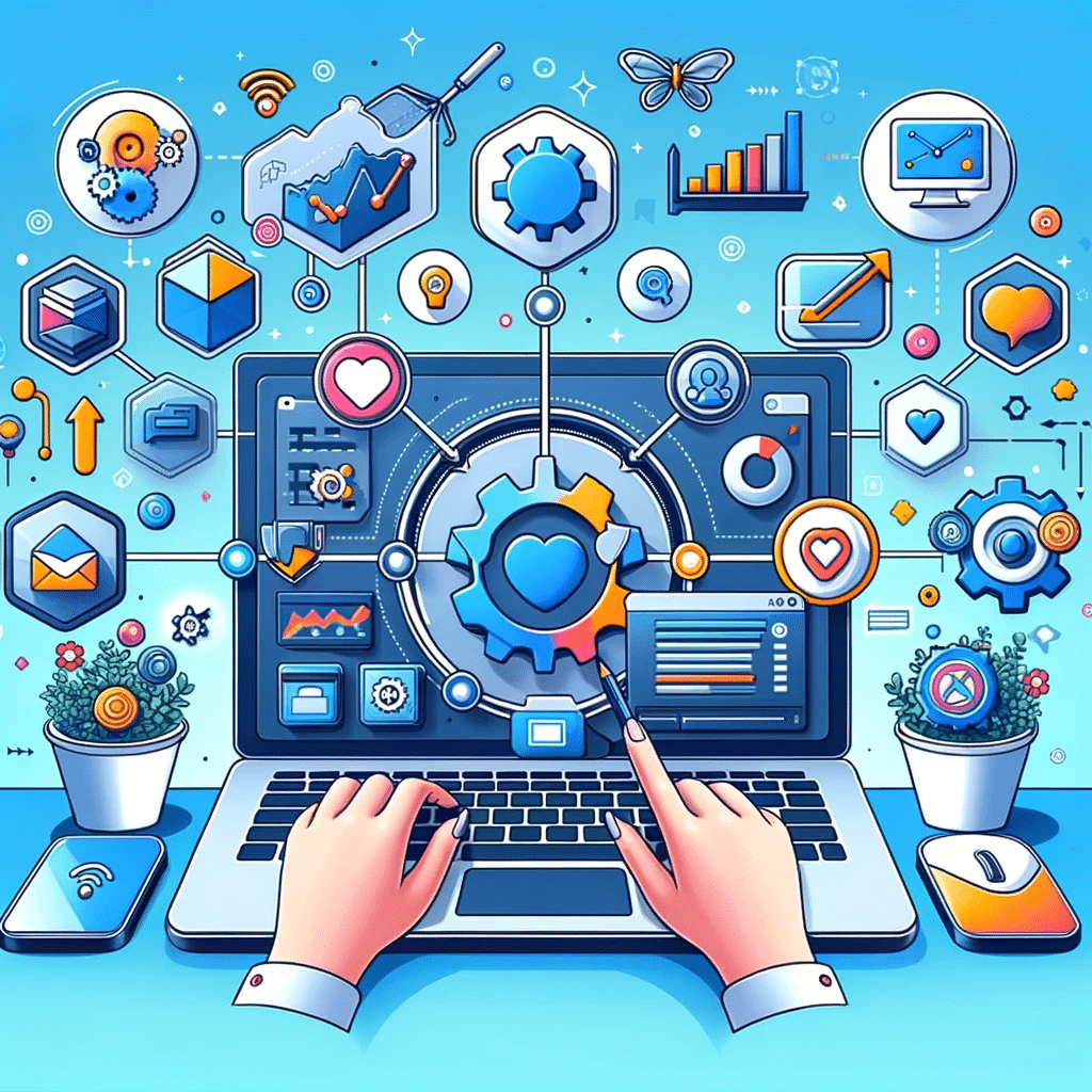 Ilustración de una interfaz de software con íconos de marketing digital.  | Posiciona.Digital