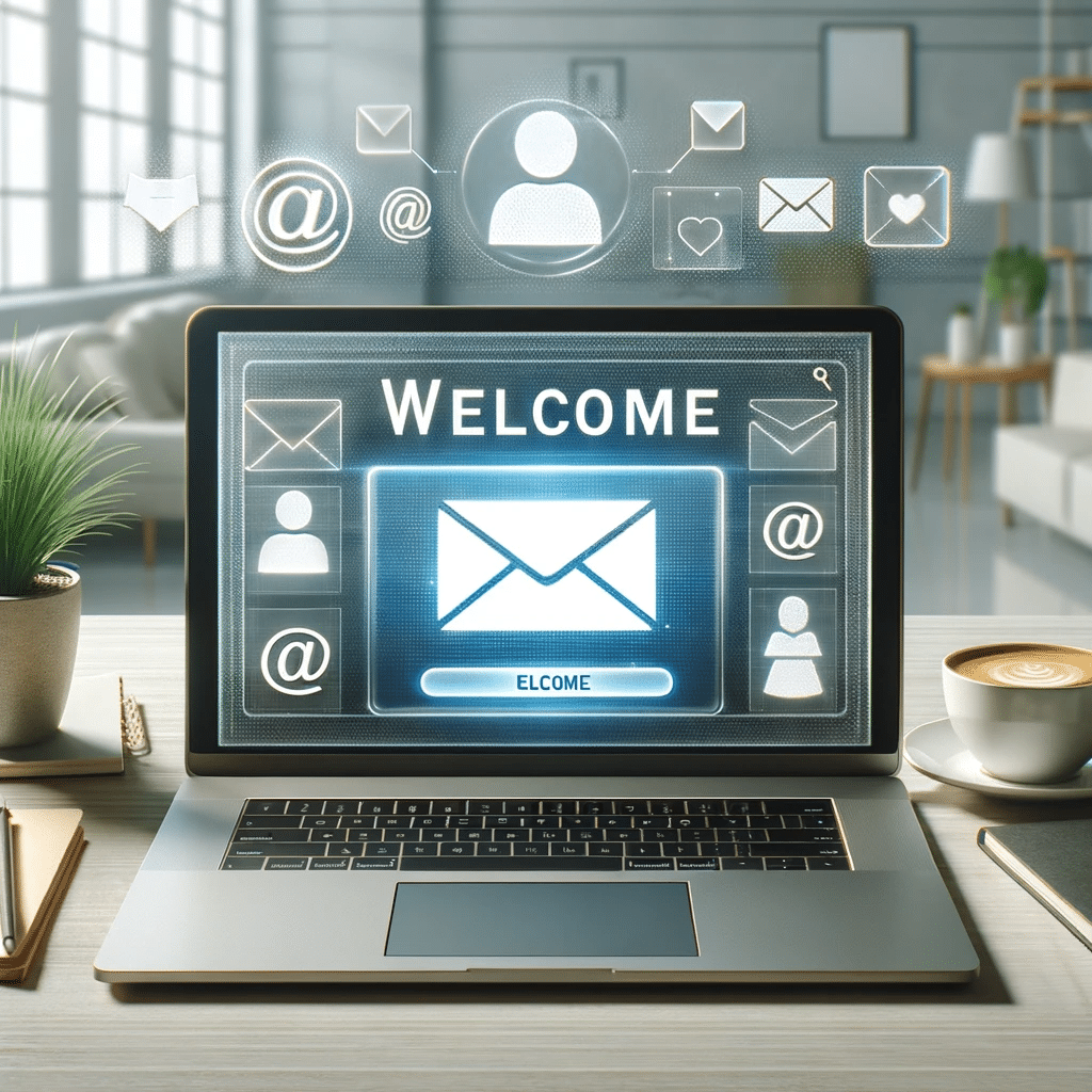 Portátil abierto mostrando interfaz de correo, símbolos de personalización y entorno profesional. | Posiciona.Digital