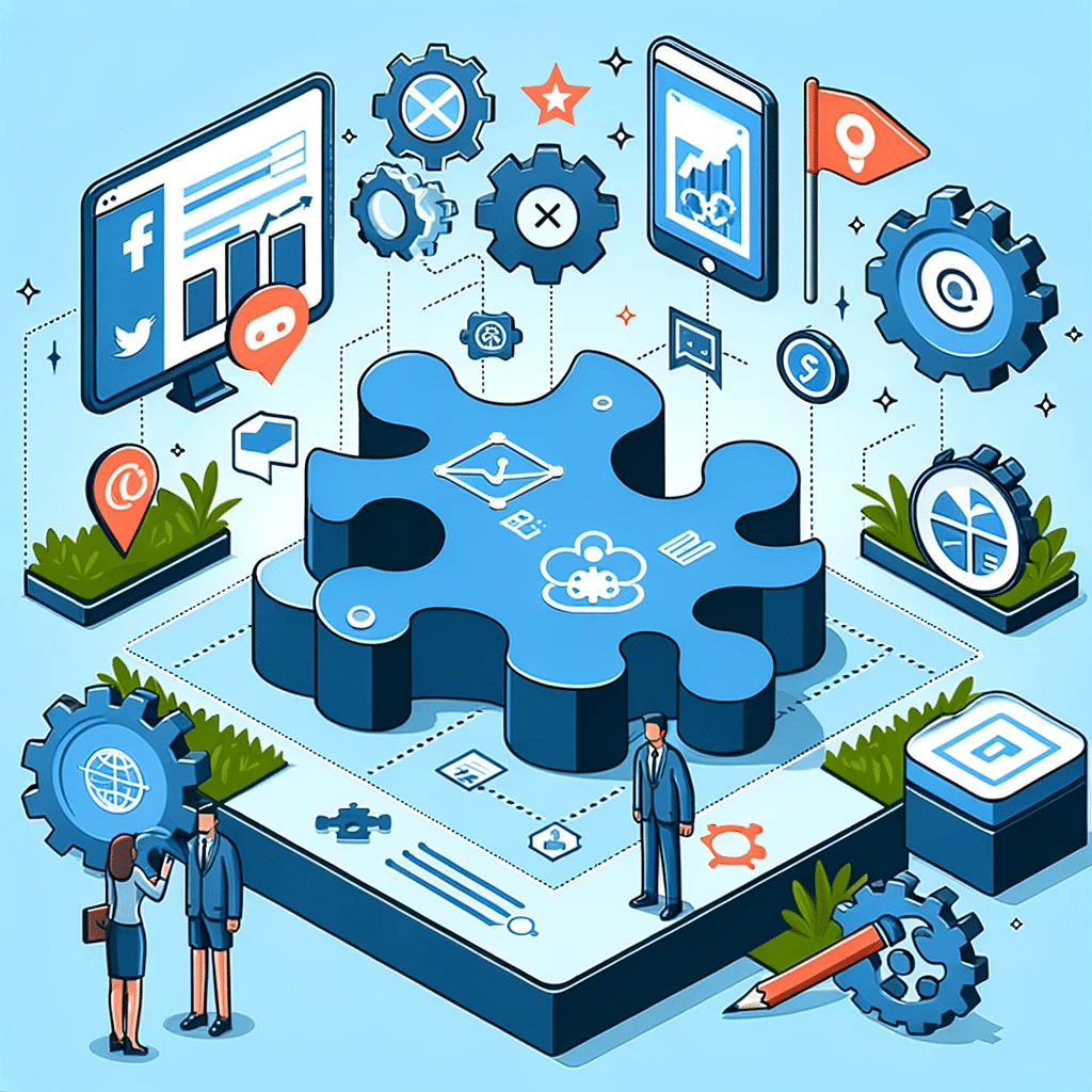 Rompecabezas y elementos digitales, ilustrando el desarrollo de estrategias de marketing en redes sociales para pymes. | Posiciona.Digital