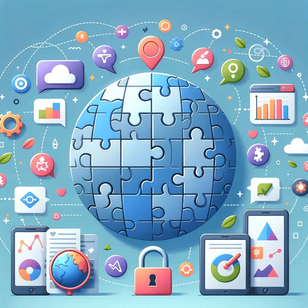 Puzzle completo y elementos digitales, simbolizando los beneficios del marketing inteligente en redes sociales. | Posiciona.Digital