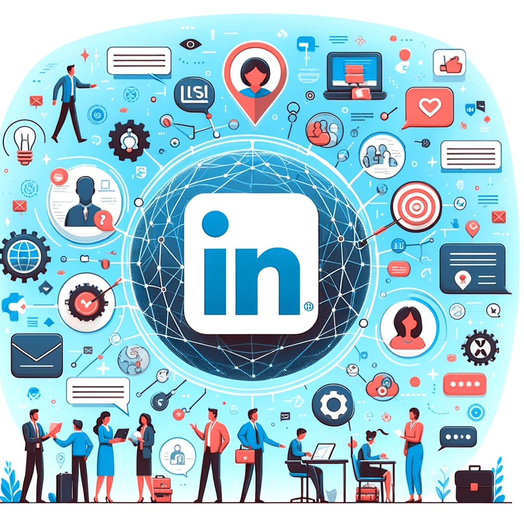 Icono de LinkedIn rodeado de pymes, con elementos de networking y desarrollo profesional, destacando su importancia en red social. 