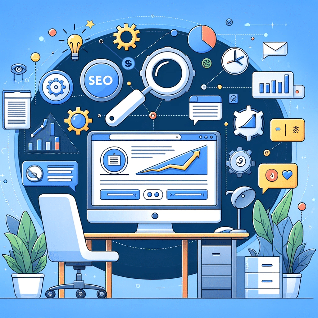 Computadora con página web en optimización SEO On Page, rodeada de herramientas y gráficos de ranking ascendente. Inteligencia Artificial | Posiciona.Digital