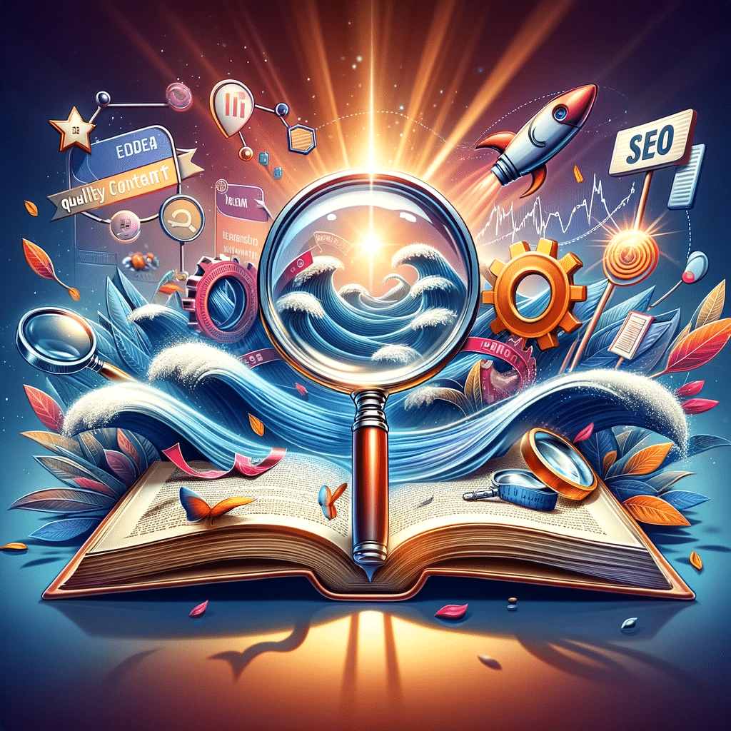 Ilustración de contenido de calidad y SEO con libro abierto y ondas digitales. | Posiciona.Digital