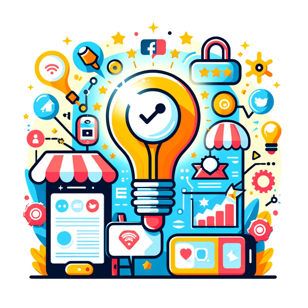 Ilustración con una lupa enfocando una reseña positiva, rodeada de dispositivos y tiendas, destacando la importancia de las reseñas online para pequeñas empresas. | Posiciona.Digital
