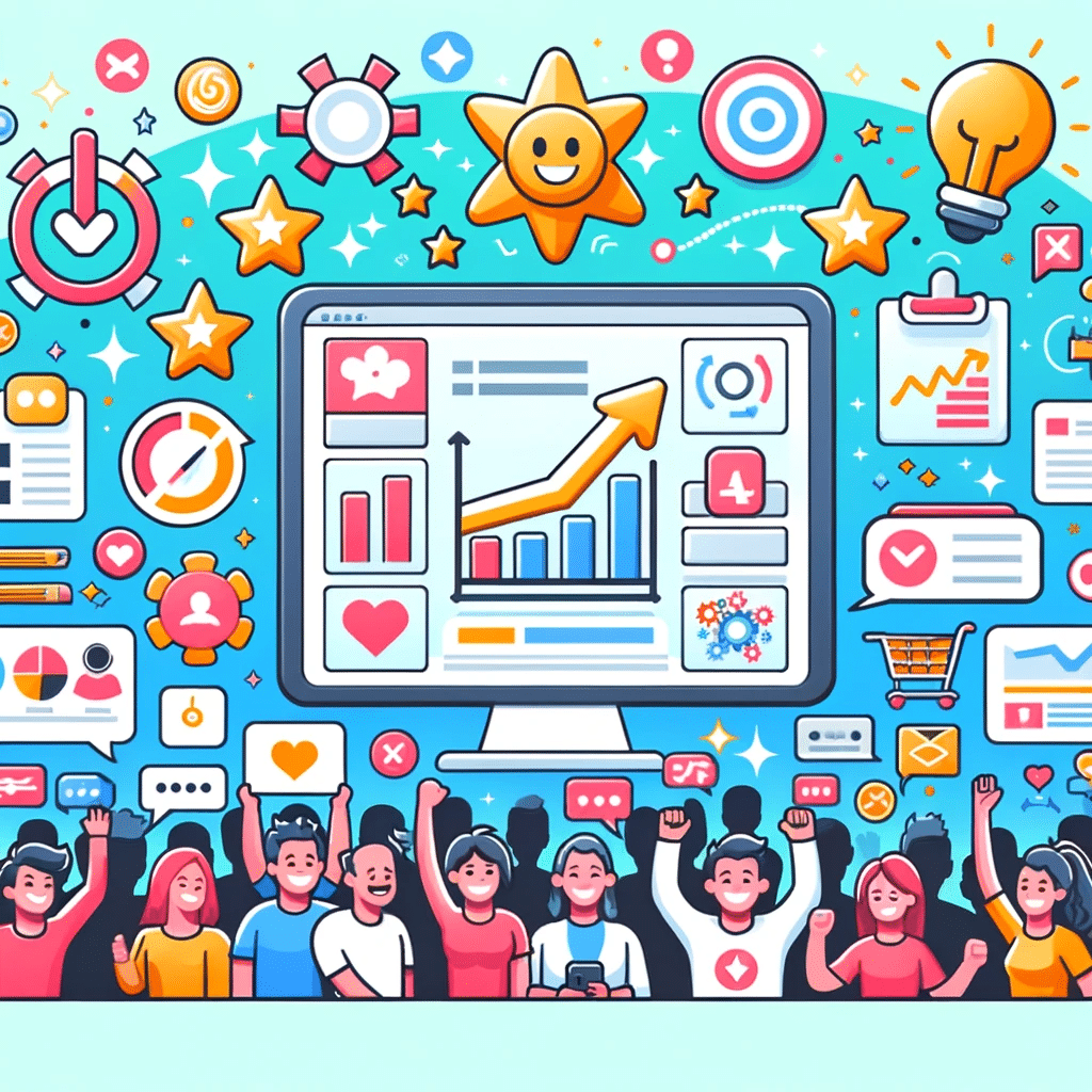 Interfaz de usuario moderna con iconos felices y gráficos de satisfacción, enfocada en mejorar la conversión. Publicación de formularios en páginas web | Posiciona.Digital