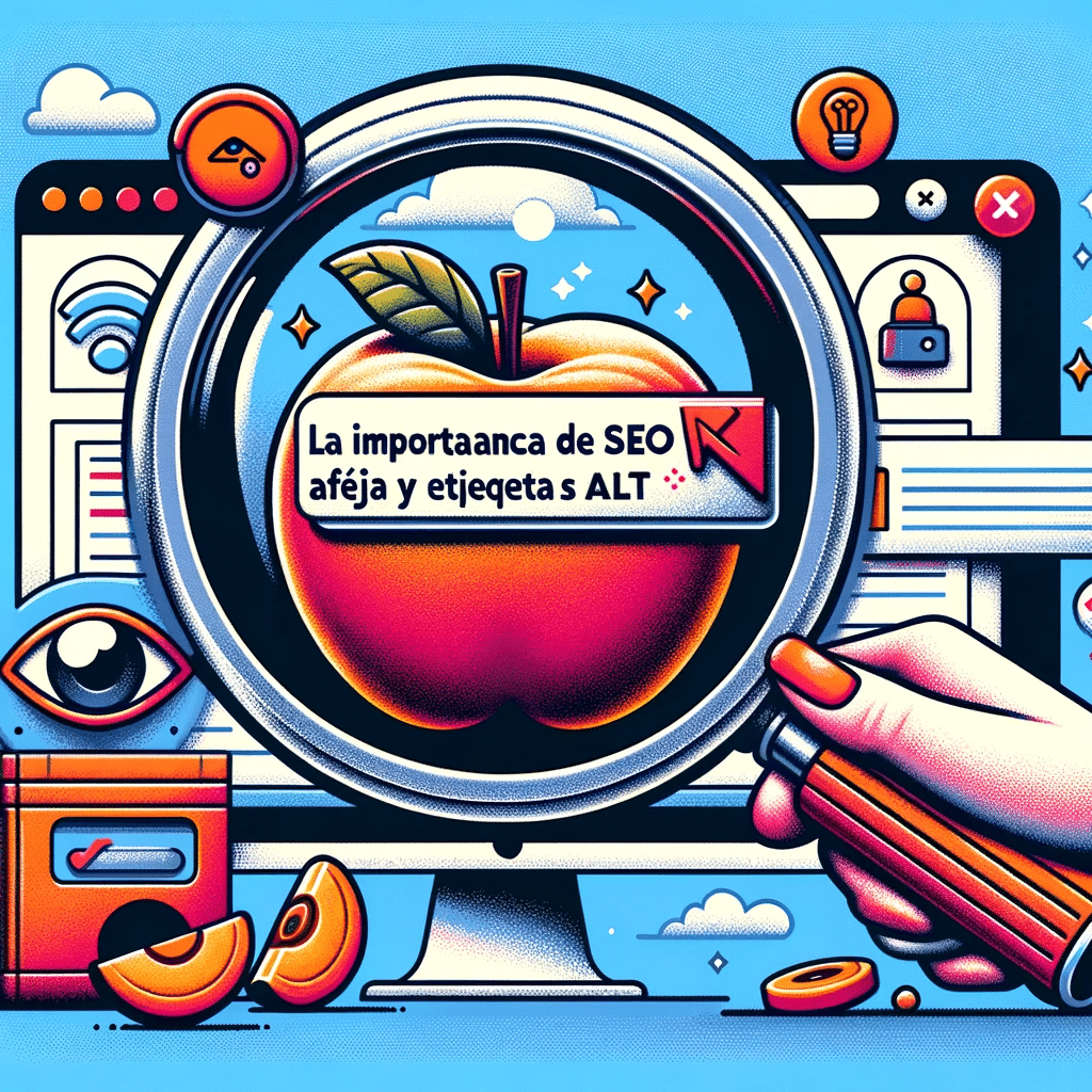 "Lupa sobre archivo 'manzana-roja' y pantalla con etiqueta alt." | Posiciona.Digital