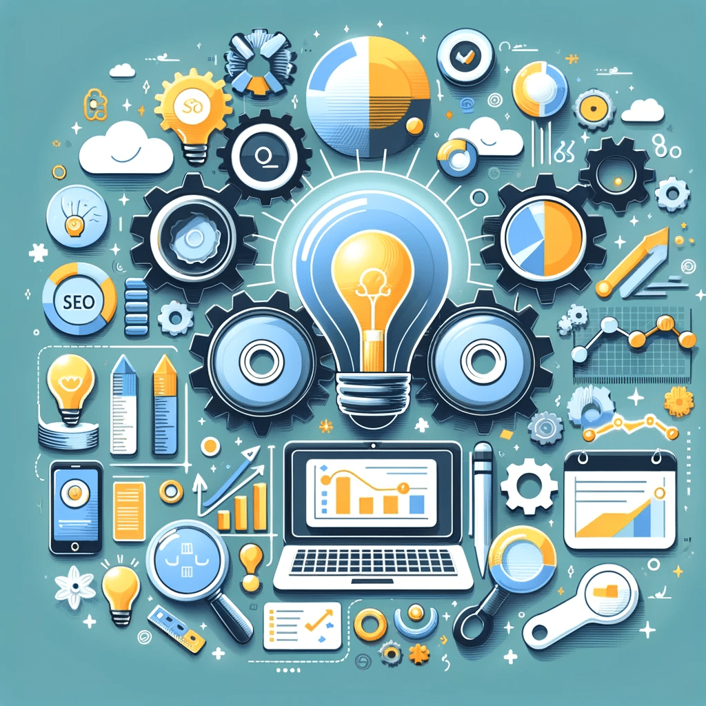 Ilustración de estrategias de SEO con tablero, ideas innovadoras y gráfico de tendencias, para la era de Zero Click Search. | Posiciona.Digital