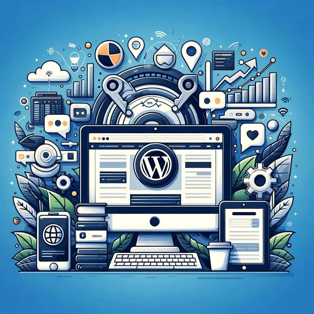 Ilustración sobre construir un sitio web en WordPress para pymes, con elementos de marketing digital y diseño web moderno. | Posicion.Digital