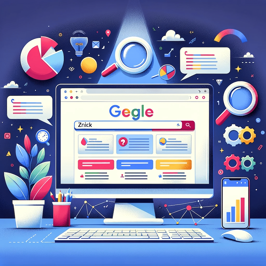 Ilustración de Zero Click Search en SEO con pantalla de resultados de búsqueda, gráficos y elementos de consulta, para marketing digital moderno. Búsquedas sin clic | Posiciona.Digital