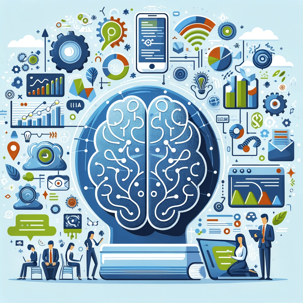 Ilustración de un cerebro de IA rodeado de gráficos y dispositivos, simbolizando la revolución de la IA en la eficiencia de las pymes. Machine Learning | Posiciona.Digital