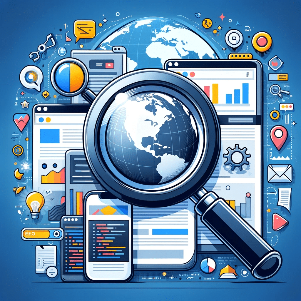 Ilustración moderna de SEO con lupa, código, y elementos digitales, destacando la importancia de Zero Click Search en el marketing digital global. | Posiciona.Digital