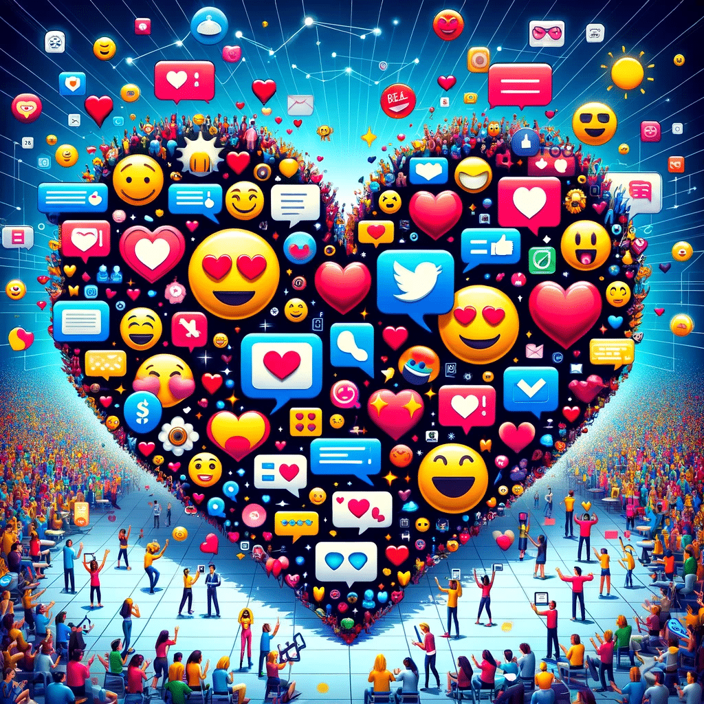 Corazón de emojis con usuarios interactuando en dispositivos, destacando el uso de emojis en comunicación digital. | Posiciona.Digital