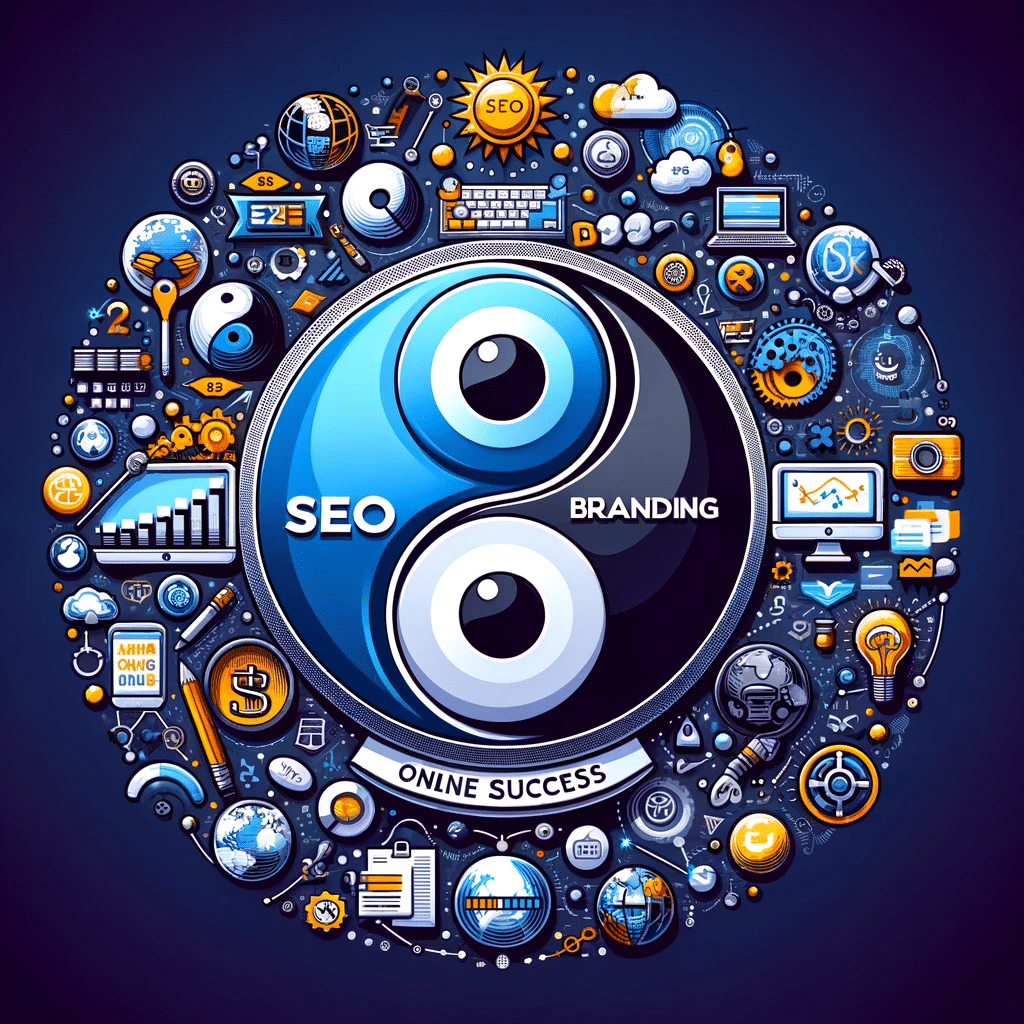 Ilustración de yin-yang con SEO y branding simbolizando su sinergia para éxito en línea. | Posiciona.Digital