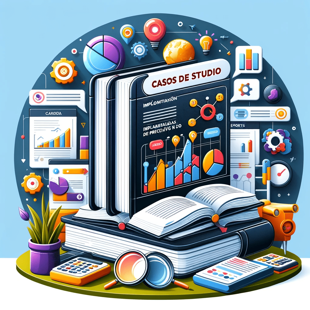 Libros de casos de estudio en SEO con análisis predictivo, simbolizando éxito | Posiciona.Digital
