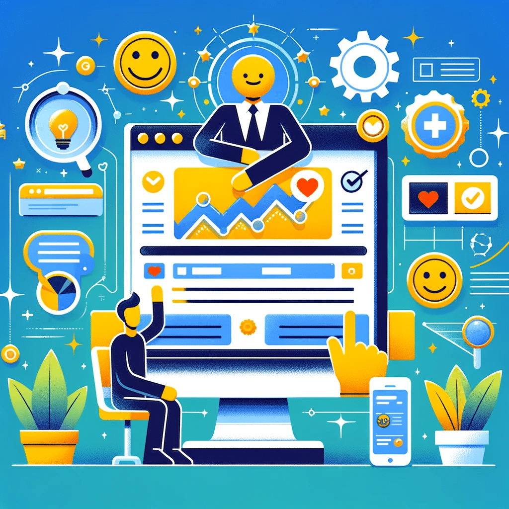 Ilustración de experiencia de usuario en SEO con diseño web amigable y herramientas SEO. | Posiciona.Digital
