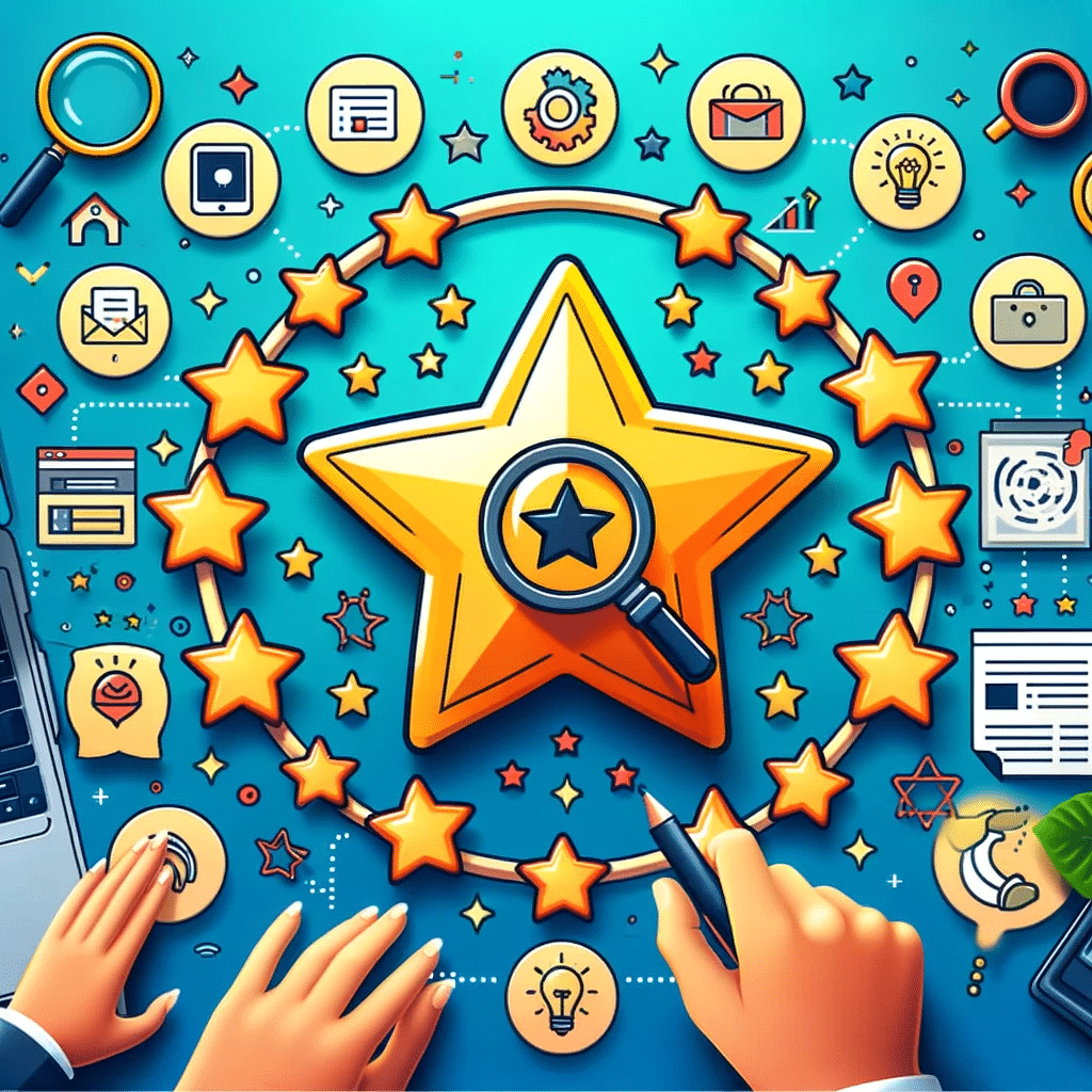 Ilustración de una estrella dorada central, simbolizando reseñas positivas, conectada a íconos de pequeñas empresas, con un fondo de marketing digital. | Posiciona.Digital