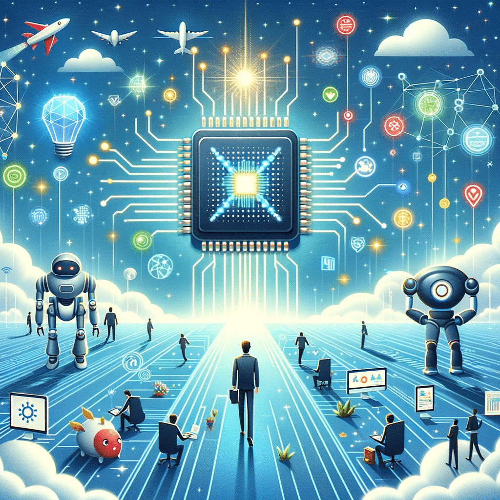 Ilustración de un chip de IA en un horizonte futurista con pymes usando robots y análisis de datos, simbolizando el futuro prometedor de la IA. | Posiciona.Digital