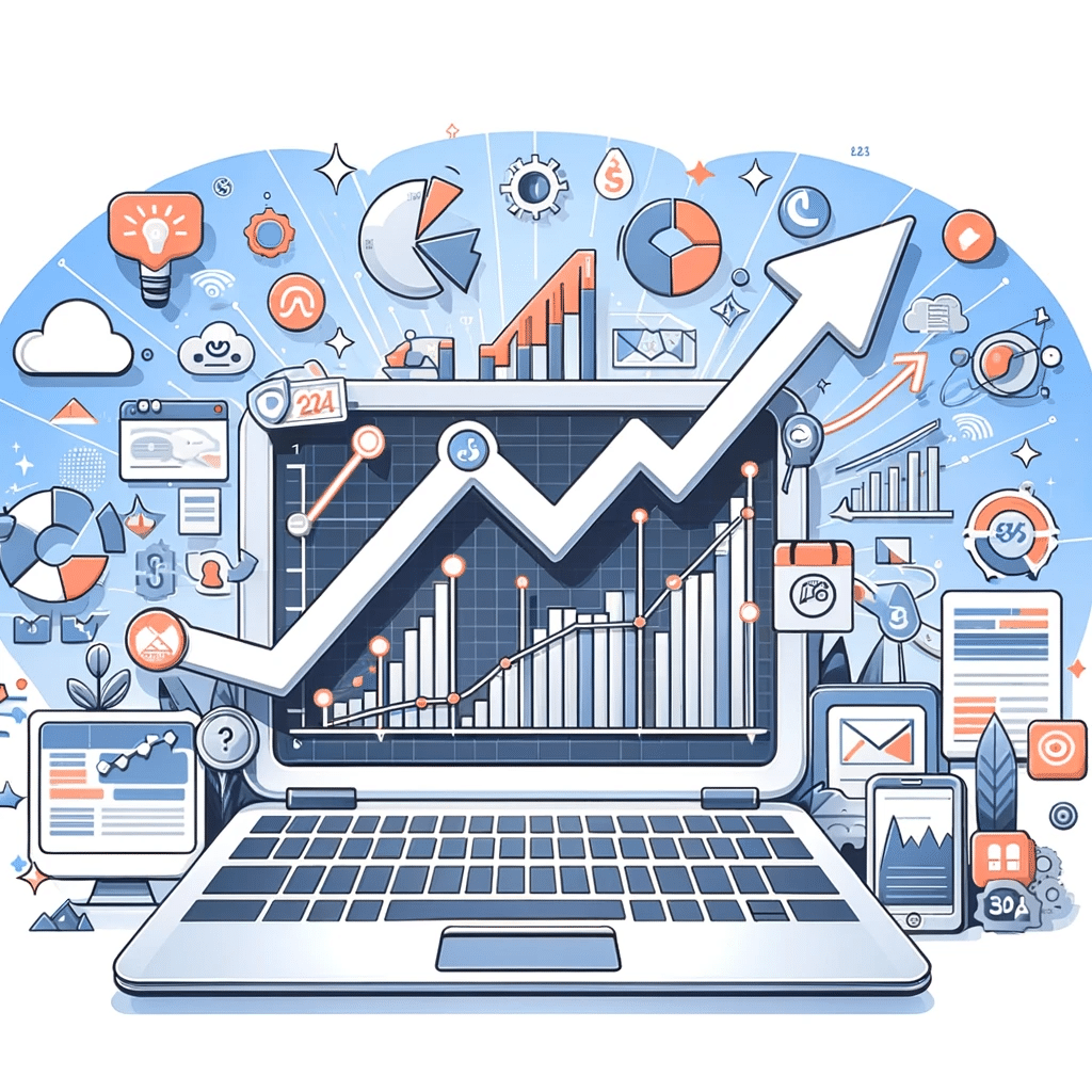 Ilustración digital de tendencias de marketing digital para el 2024 con gráficos, SEO, SEM y redes sociales | Posiciona.Digital