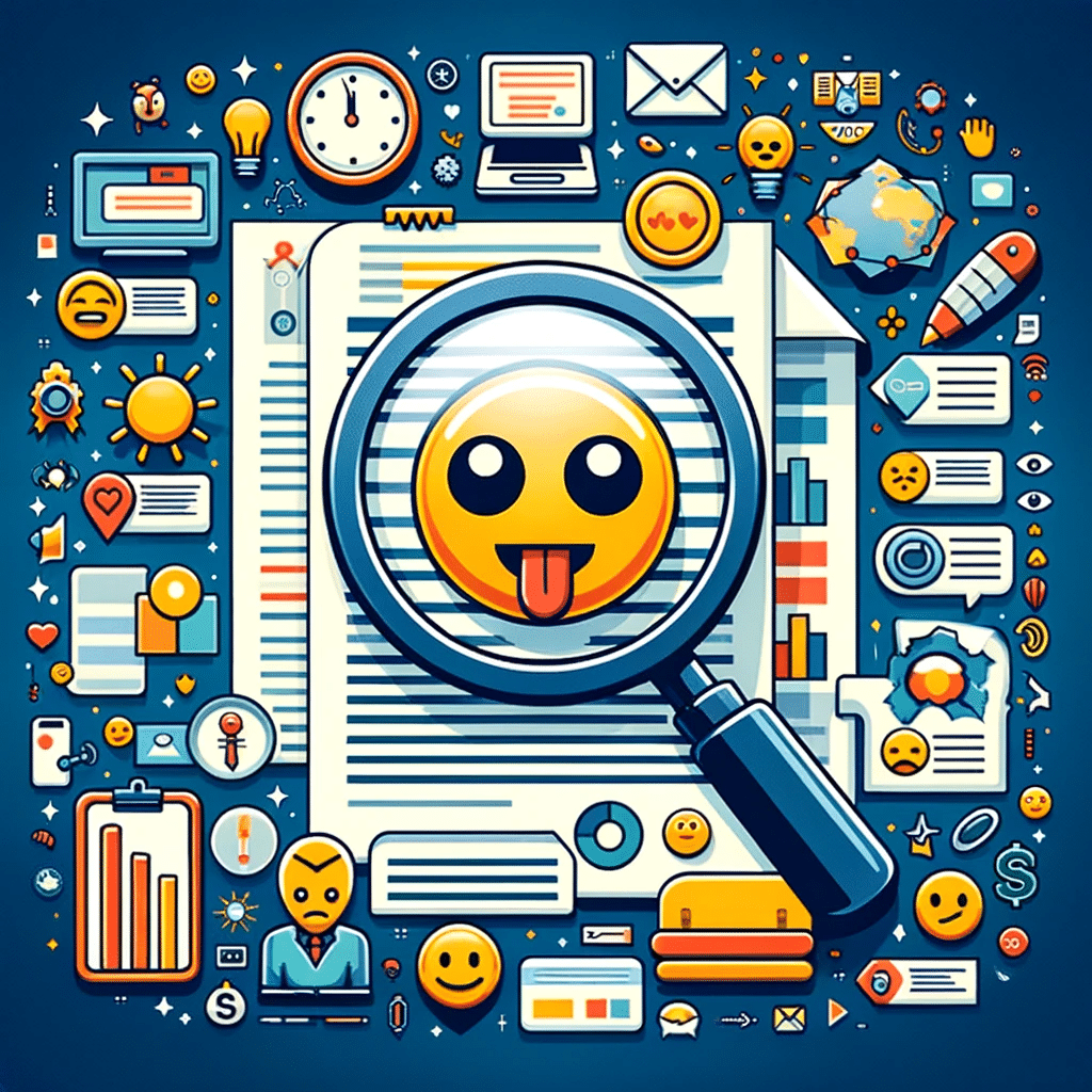 Lupa sobre contenido web con icono emojis y consejos de uso en SEO, mostrando relevancia y compatibilidad. CTR | Posiciona.Digital