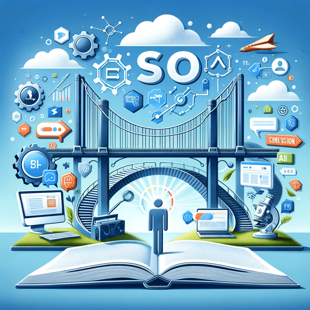 Ilustración de adaptación al SEO con puente de elementos tradicionales a modernos, para éxito en la era de Zero Click Search. | Posiciona.Digital