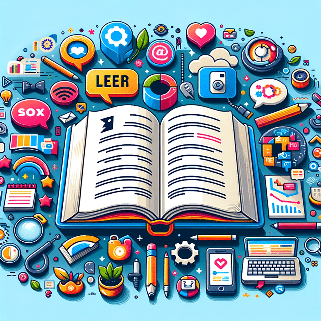 Ilustración digital de estrategias de blogging con libro, iconos sociales, SEO y laptop, en estilo moderno y amigable para marketing digital en México actualización ventas éxito canales beneficios | Posiciona.Digital