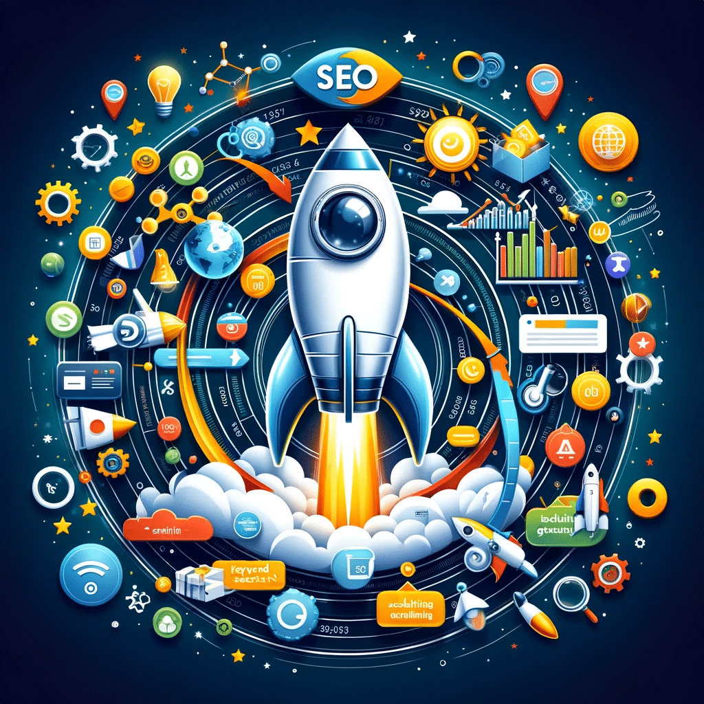 Ilustración de estrategias de SEO con logotipo y cohete, y herramientas de marketing digital. | Posiciona.Digital