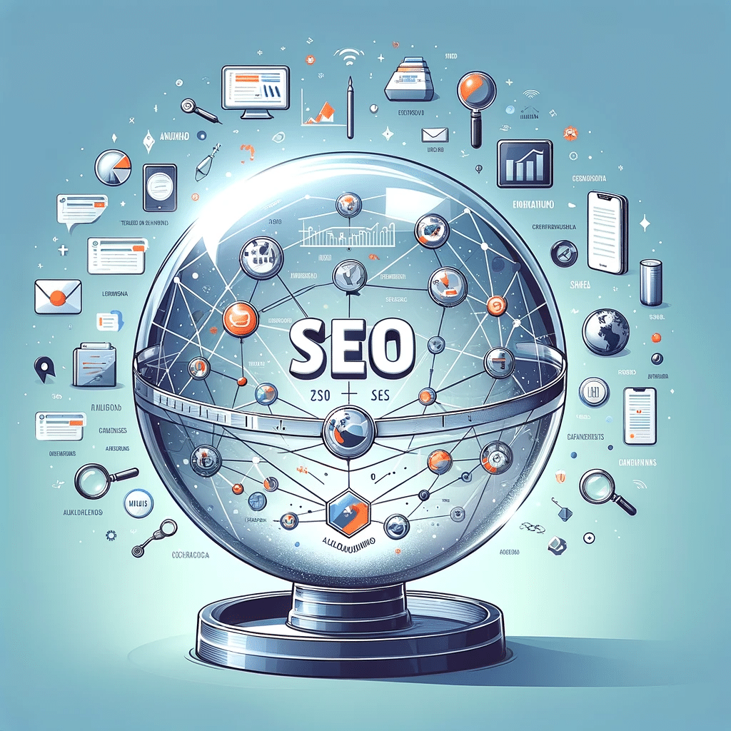 Bola de cristal con gráficos de SEO para predecir tendencias, en estilo moderno | Posiciona.Digital