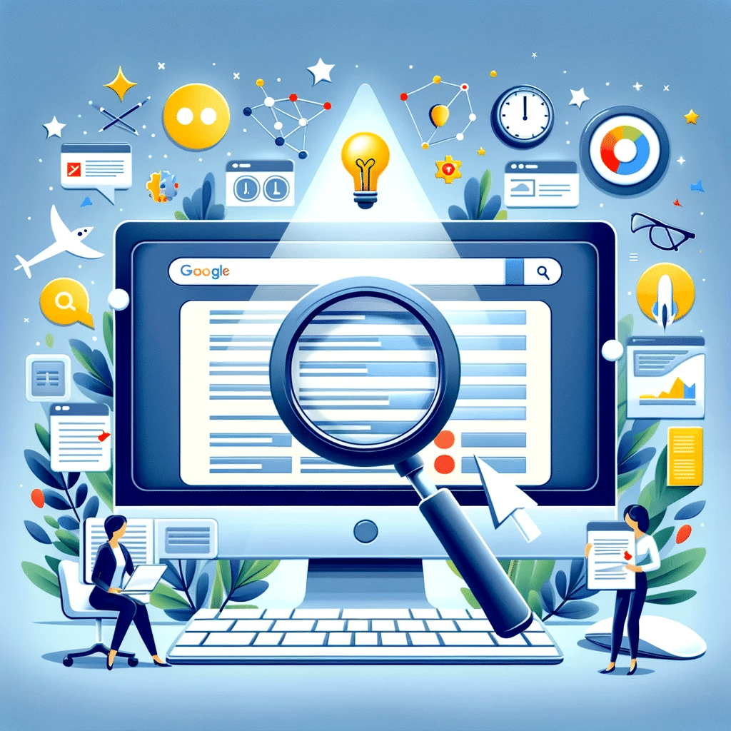 Ilustración con lupa sobre palabras clave, computadora y gráficos SEO para optimización en buscadores | Posiciona.Digital
