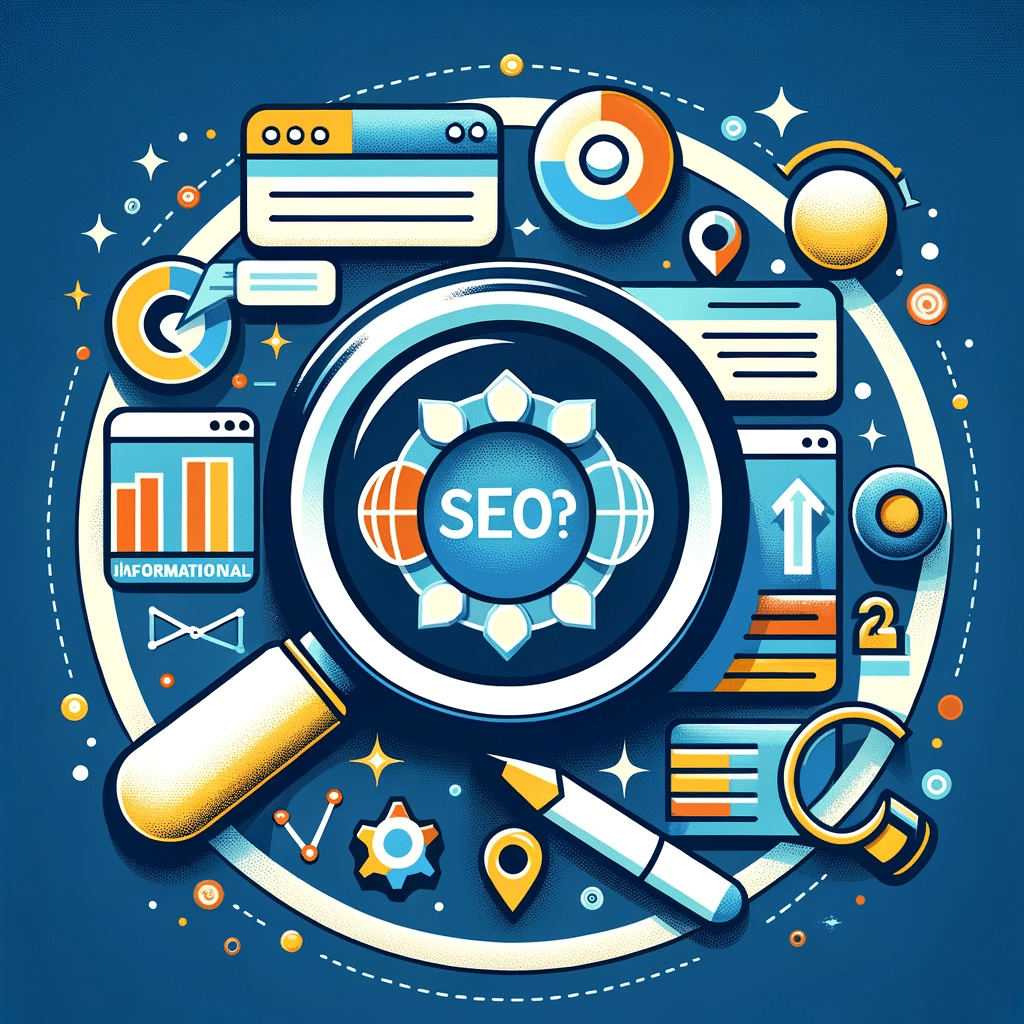 Ilustración sobre intención de búsqueda en SEO con lupa, consultas y gráficos, clave para estrategias digitales. | Posiciona.Digital
